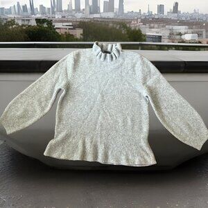 Ann Taylor  Gray 3/4 Sleeve Knit Sweater Womens L Ruffle neck cozy wool blend